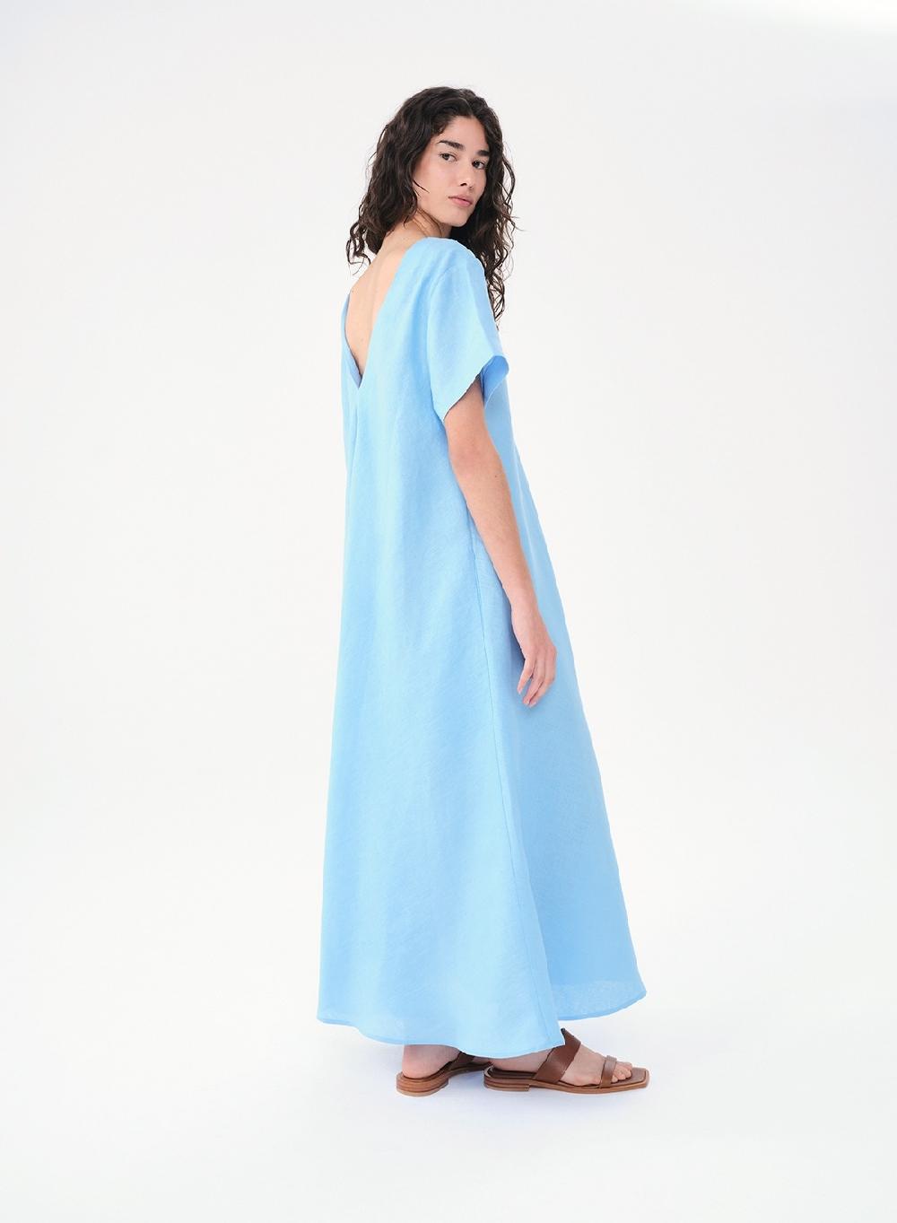 Etiqueta negra Vestido Manga Corta Largo Lino