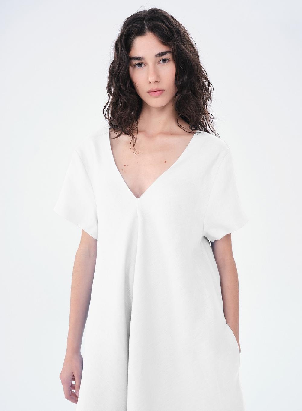 Etiqueta Negra Vestido Manga Corta Largo Lino