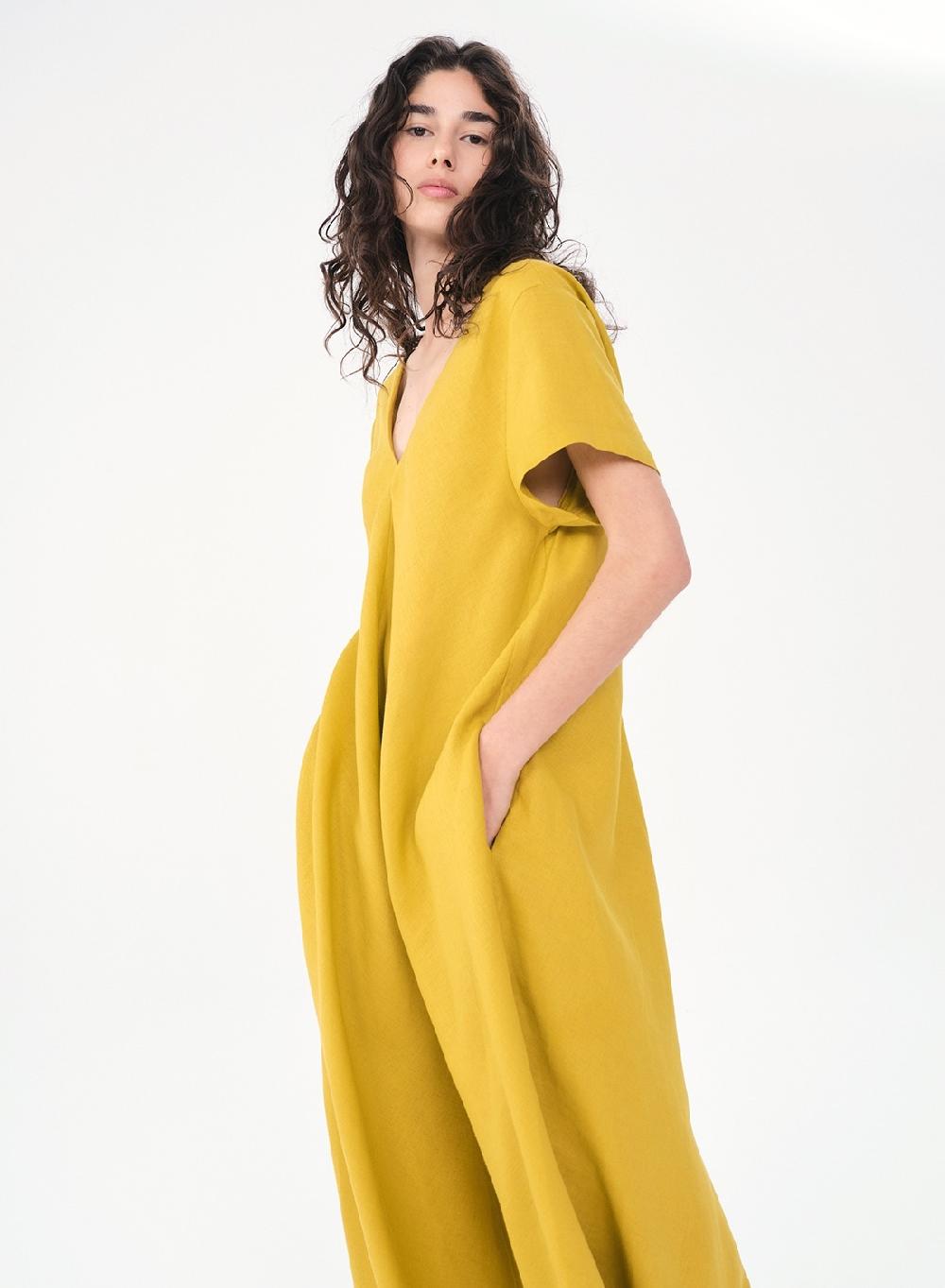 Etiqueta negra Vestido Manga Corta Largo Lino