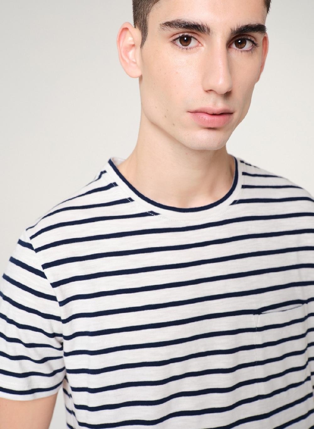 Etiqueta Negra Remera Cuello U Rayas Bolsillo Manga Corta