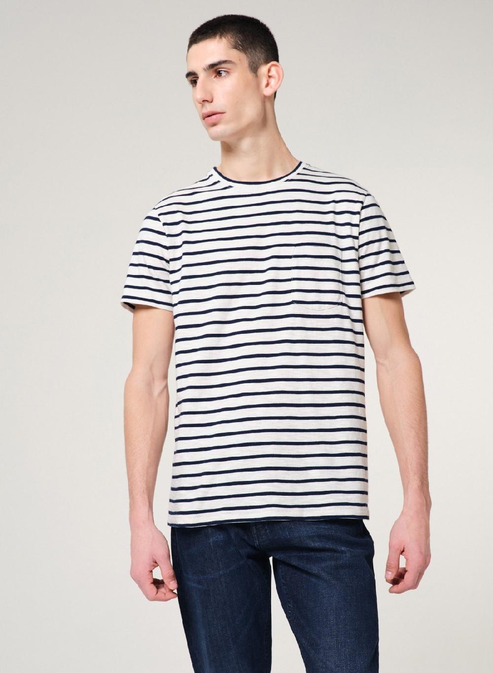 Etiqueta Negra Remera Cuello U Rayas Bolsillo Manga Corta