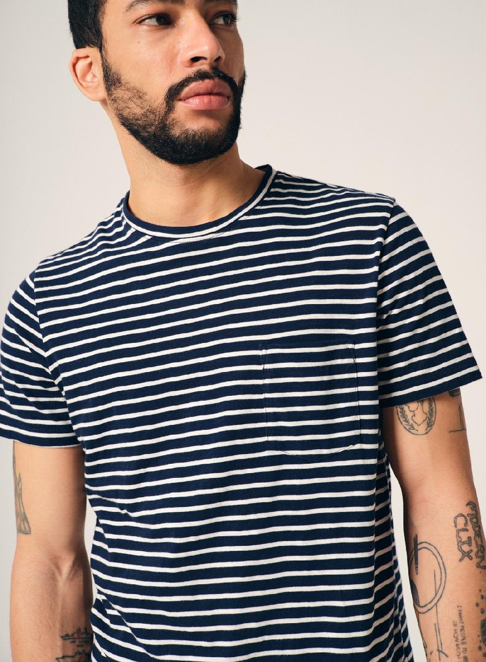 Etiqueta negra Remera cuello U rayas bolsillo manga corta