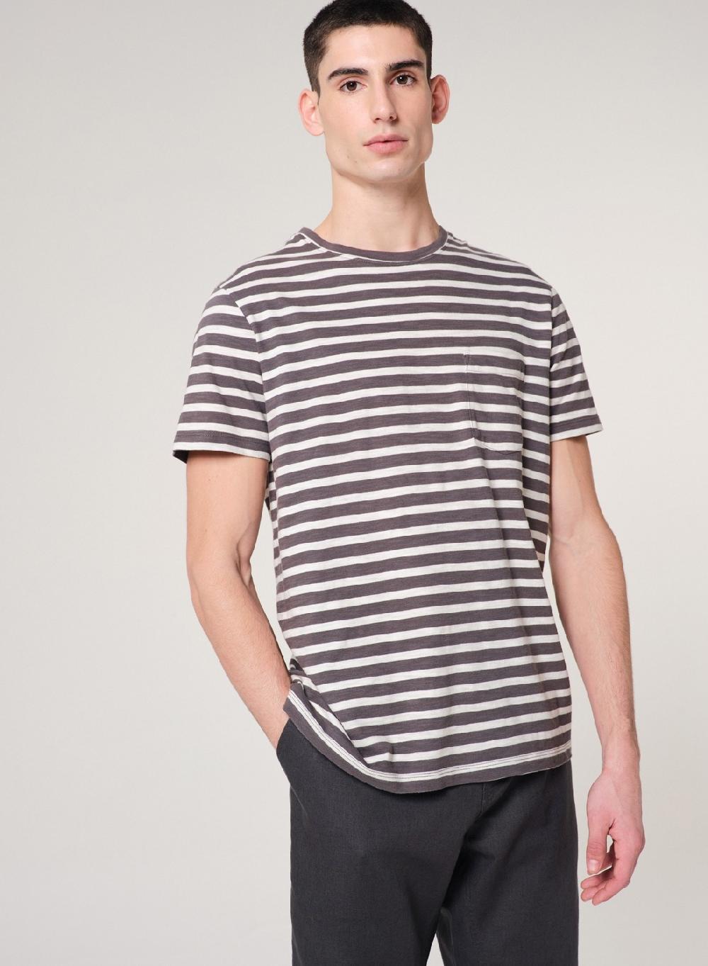 Etiqueta Negra Remera Cuello U Rayas Bolsillo Manga Corta