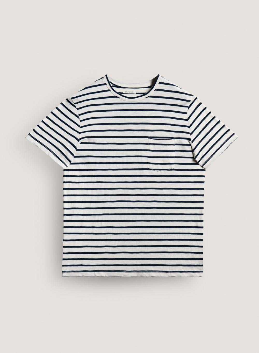 Etiqueta negra Remera cuello U rayas bolsillo manga corta