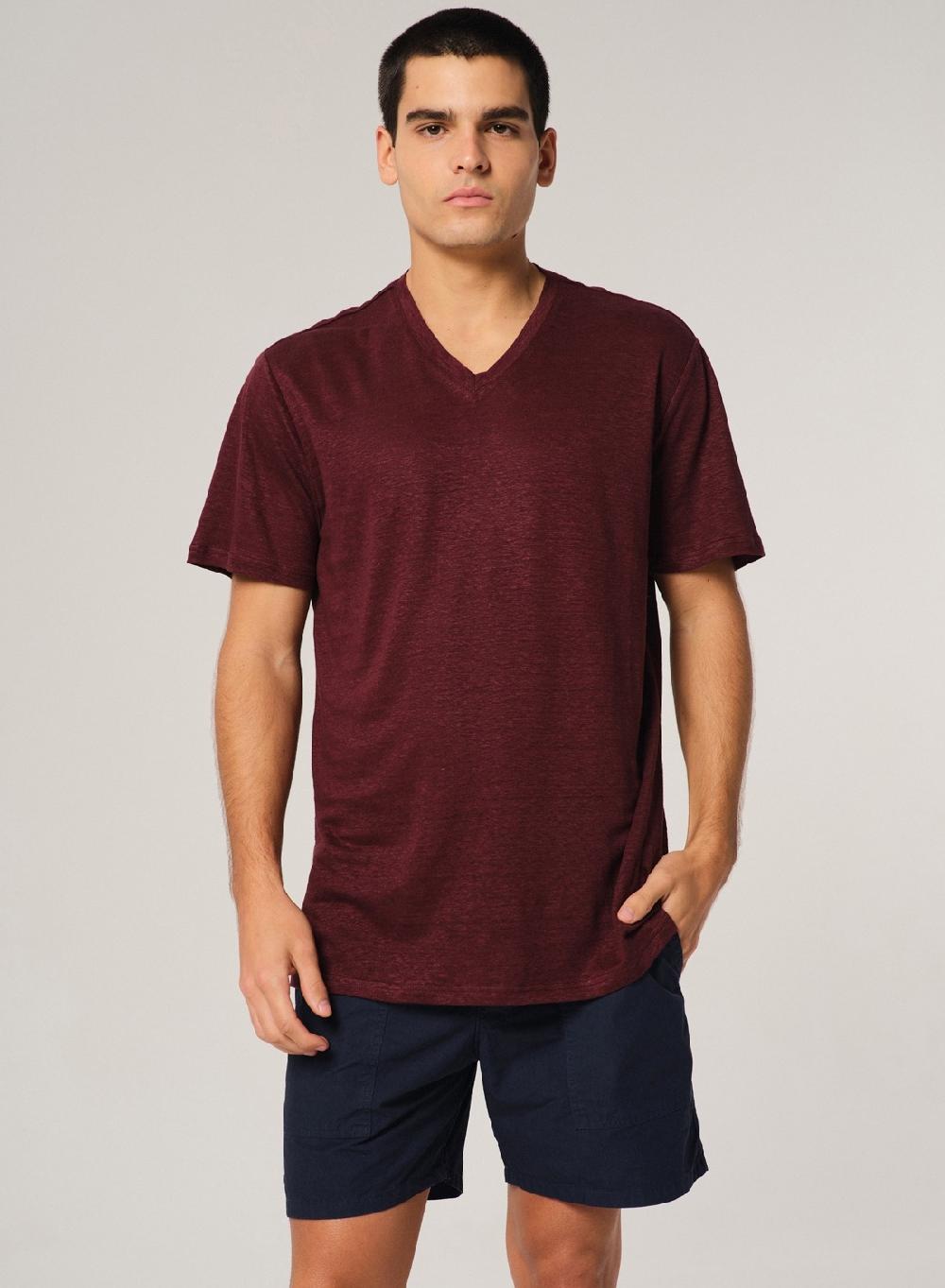 Etiqueta Negra Remera Cuello V Manga Corta Lisa Lino