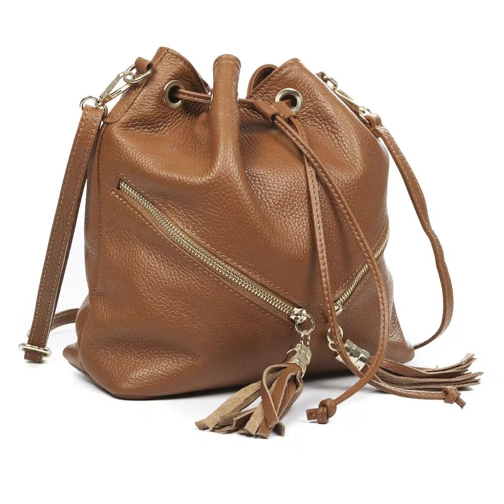 Firenze Artegiani Arzene Bolso Bandolera Piel Auténtica Dollaro. Diseño Cool Fruncido Y Borlas En El Frontal