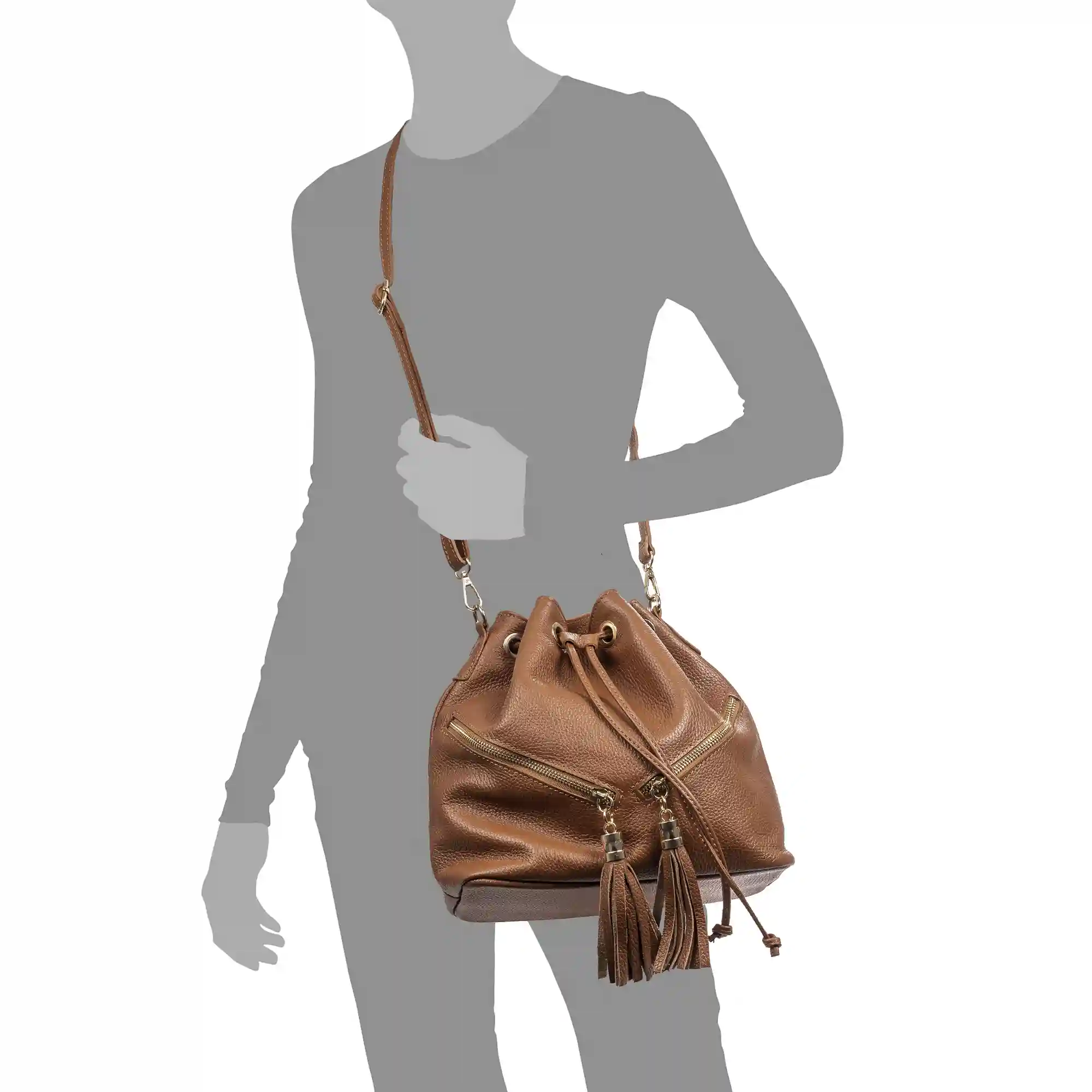 Firenze Artegiani Arzene Bolso Bandolera Piel Auténtica Dollaro. Diseño Cool Fruncido Y Borlas En El Frontal