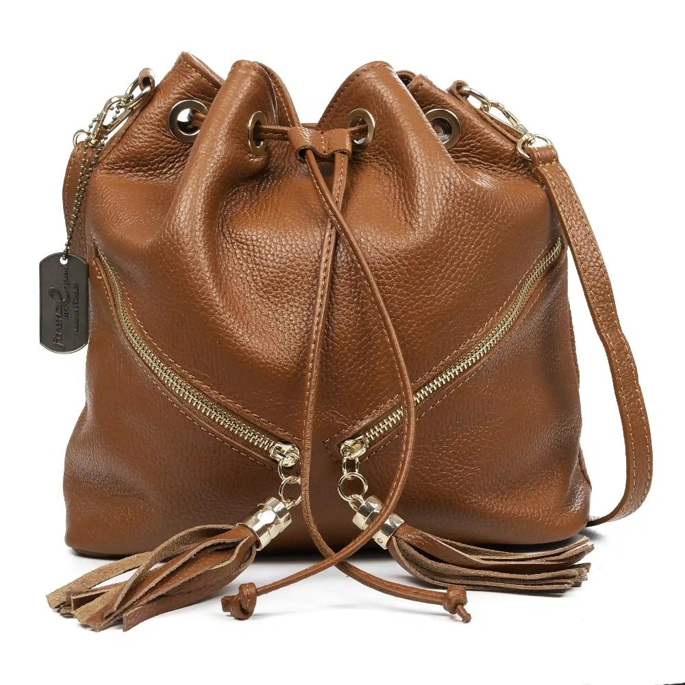 Firenze artegiani Arzene bolso bandolera piel auténtica dollaro. Diseño cool fruncido y borlas en el frontal