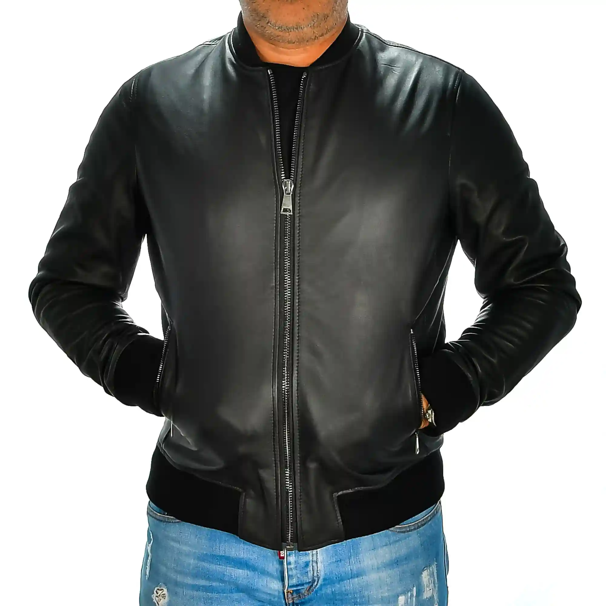 Firenze Artegiani Chaqueta De Hombre De Piel Auténtica Con Cuello Mao