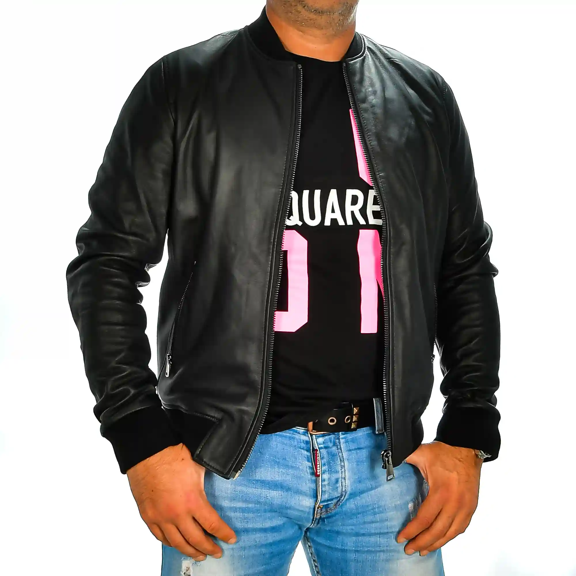 Firenze Artegiani Chaqueta De Hombre De Piel Auténtica Con Cuello Mao