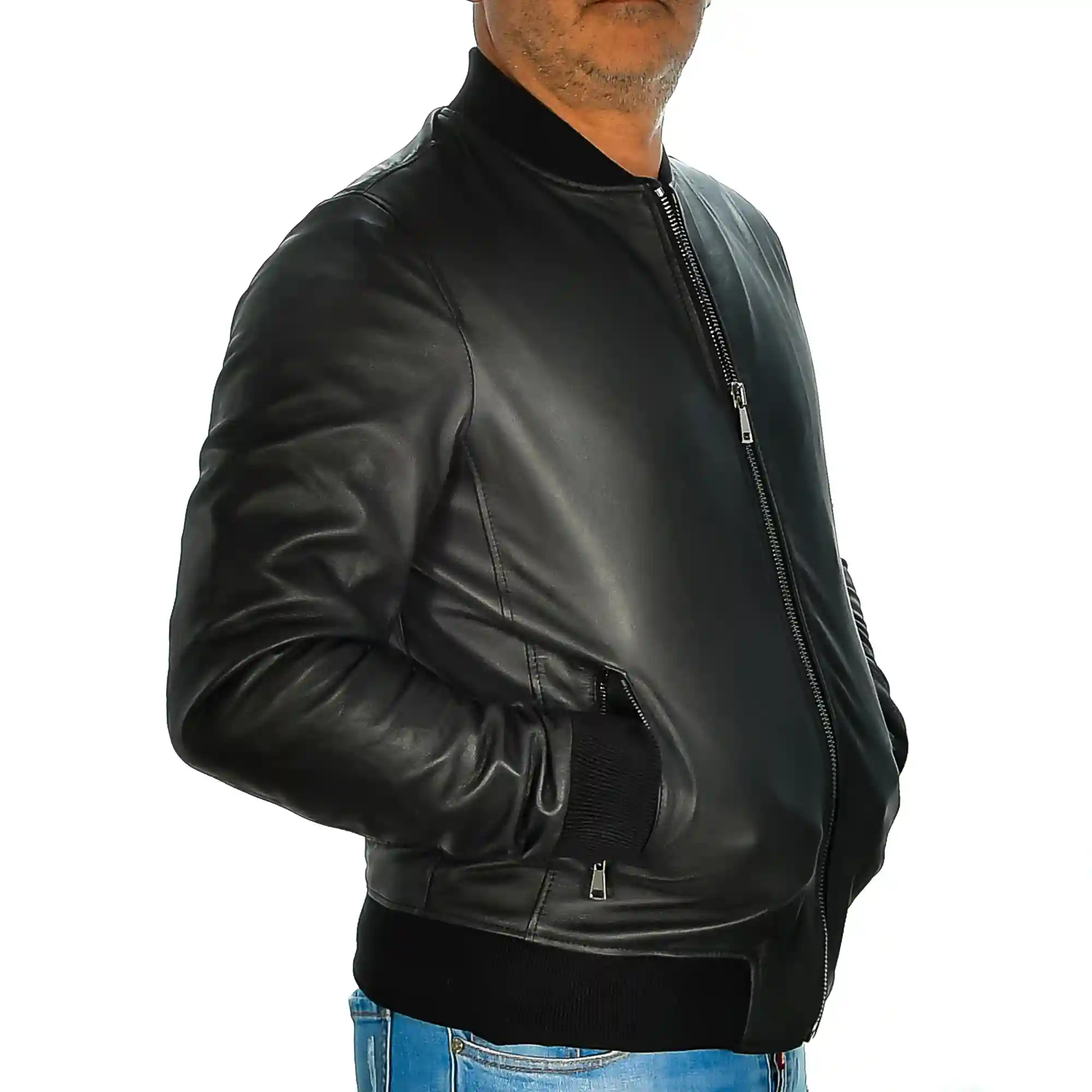 Firenze Artegiani Chaqueta De Hombre De Piel Auténtica Con Cuello Mao