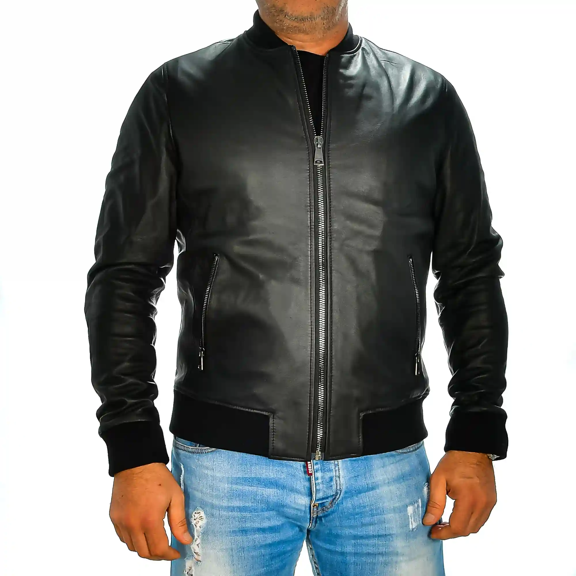 Firenze artegiani Chaqueta de hombre de piel auténtica con cuello mao