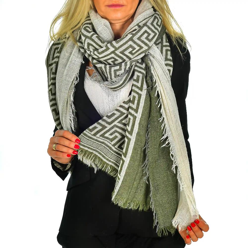 Firenze Artegiani Fular Bufanda Con Diseño Grecas Doble Solapa Modal Y Lana. Made In Italy