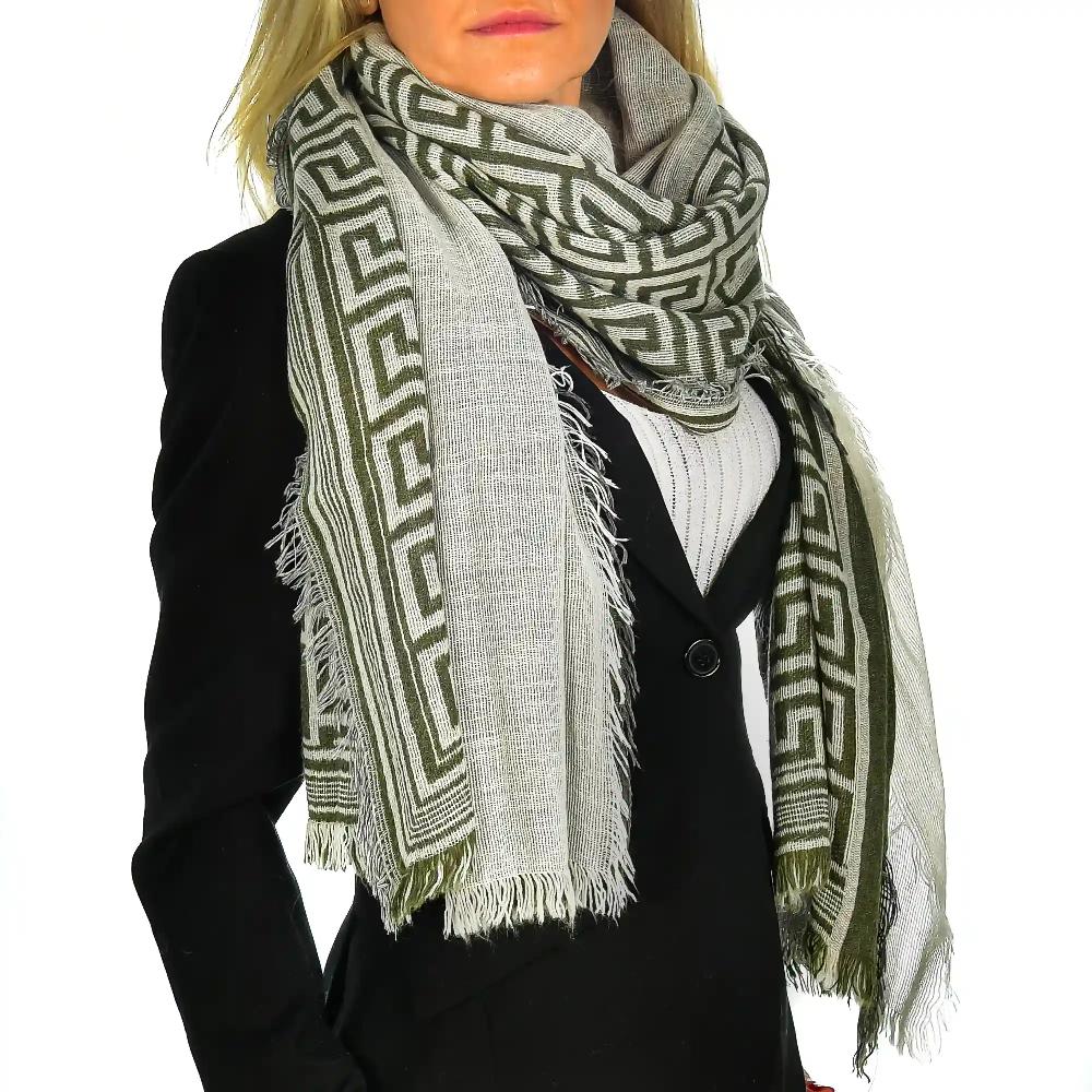 Firenze Artegiani Fular Bufanda Con Diseño Grecas Doble Solapa Modal Y Lana. Made In Italy