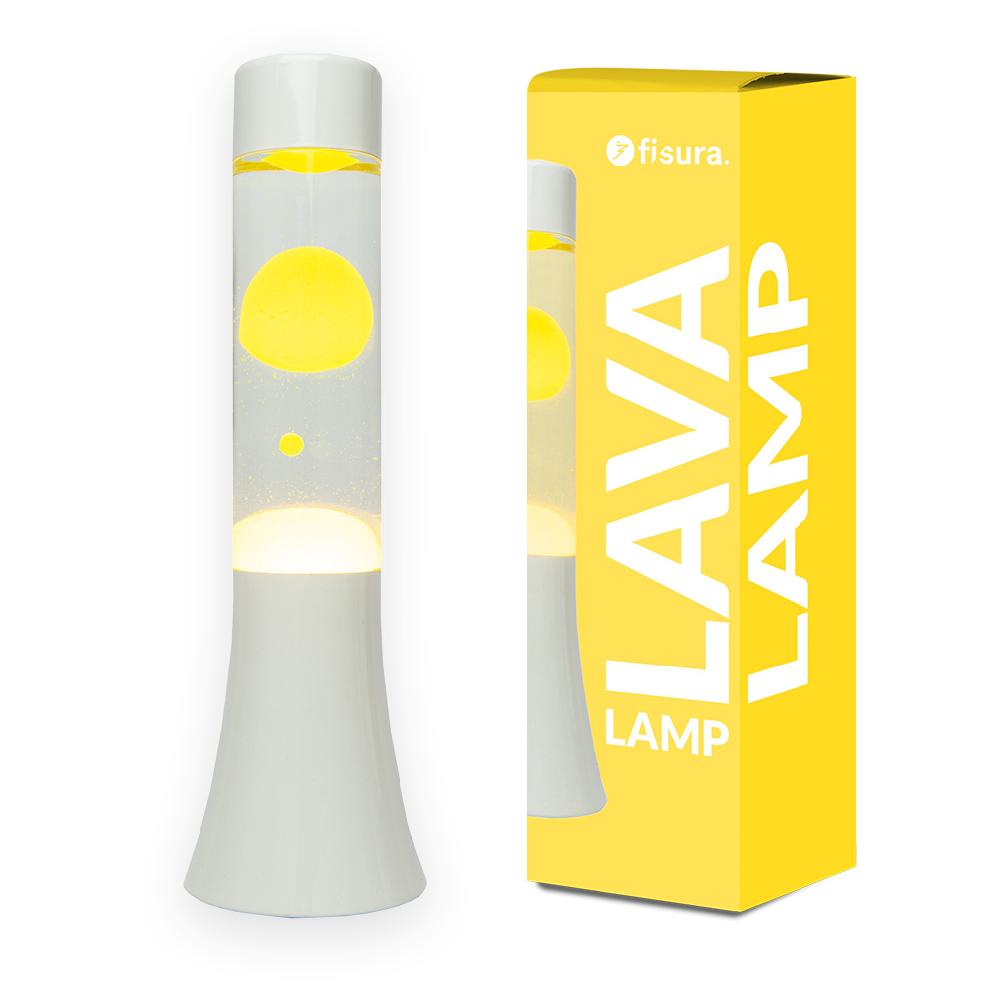 Fisura Lámpara de lava amarilla de 30 cm con base blanca y líquido transparente