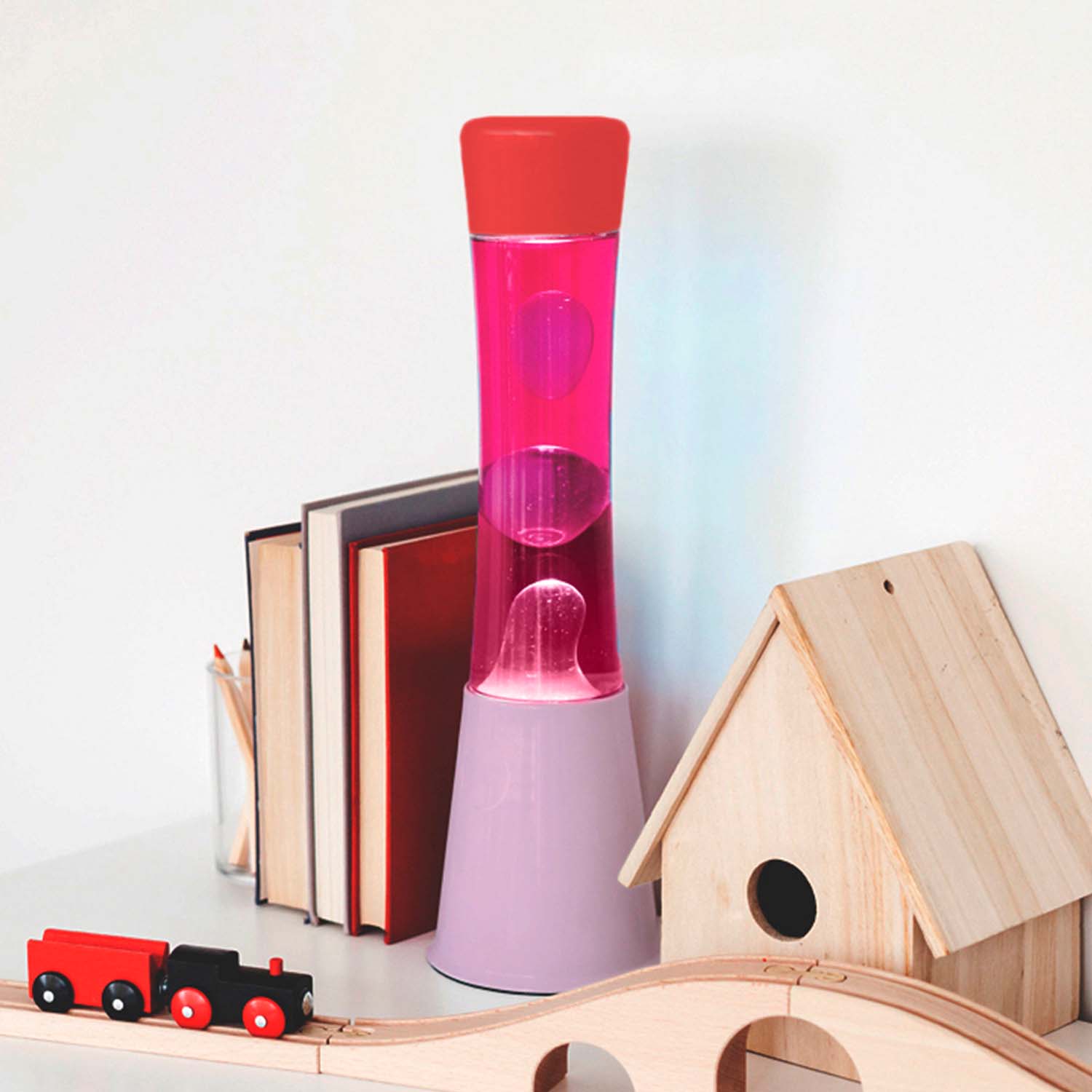 Fisura Lámpara De Lava Base Rosa Con Tapa Roja Líquido Rosa Y Lava Transparente