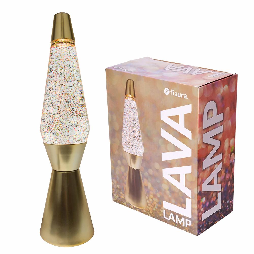 Fisura Lámpara de Lava 'Bullet' con base oro mate líquido transparente y lava purpurina oro