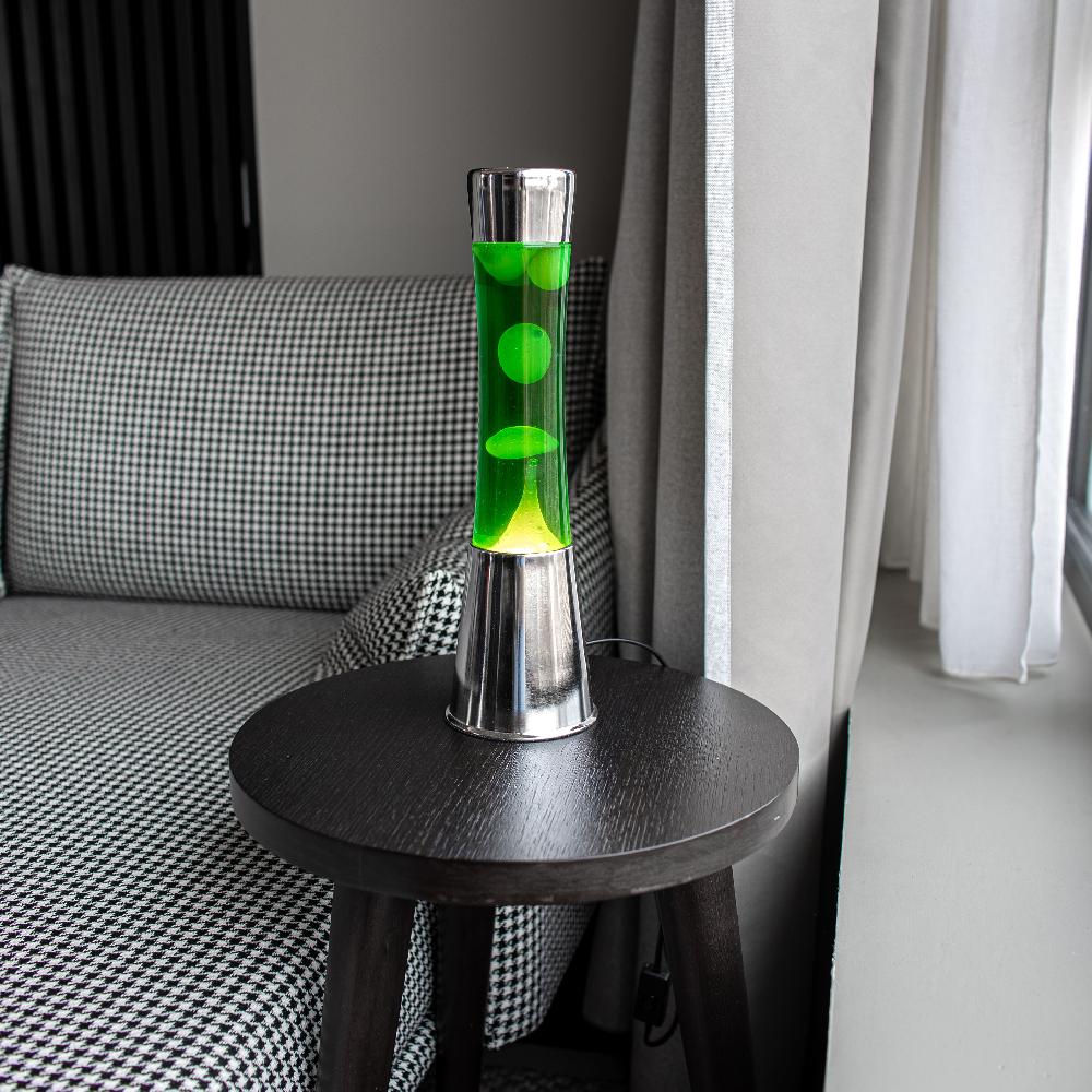 Fisura Lámpara De Lava Con Base Cromo Líquido Amarillo Y Lava Verde