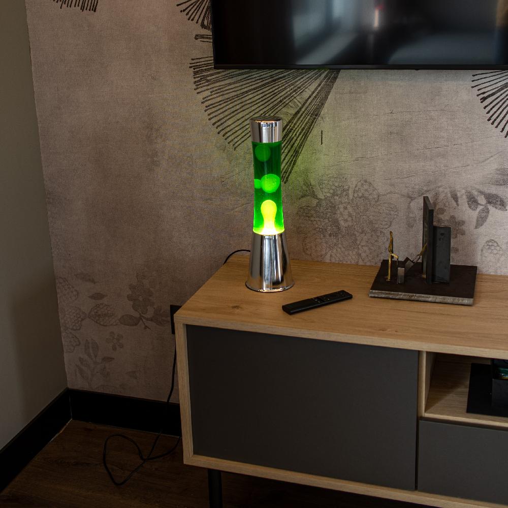 Fisura Lámpara De Lava Con Base Cromo Líquido Amarillo Y Lava Verde