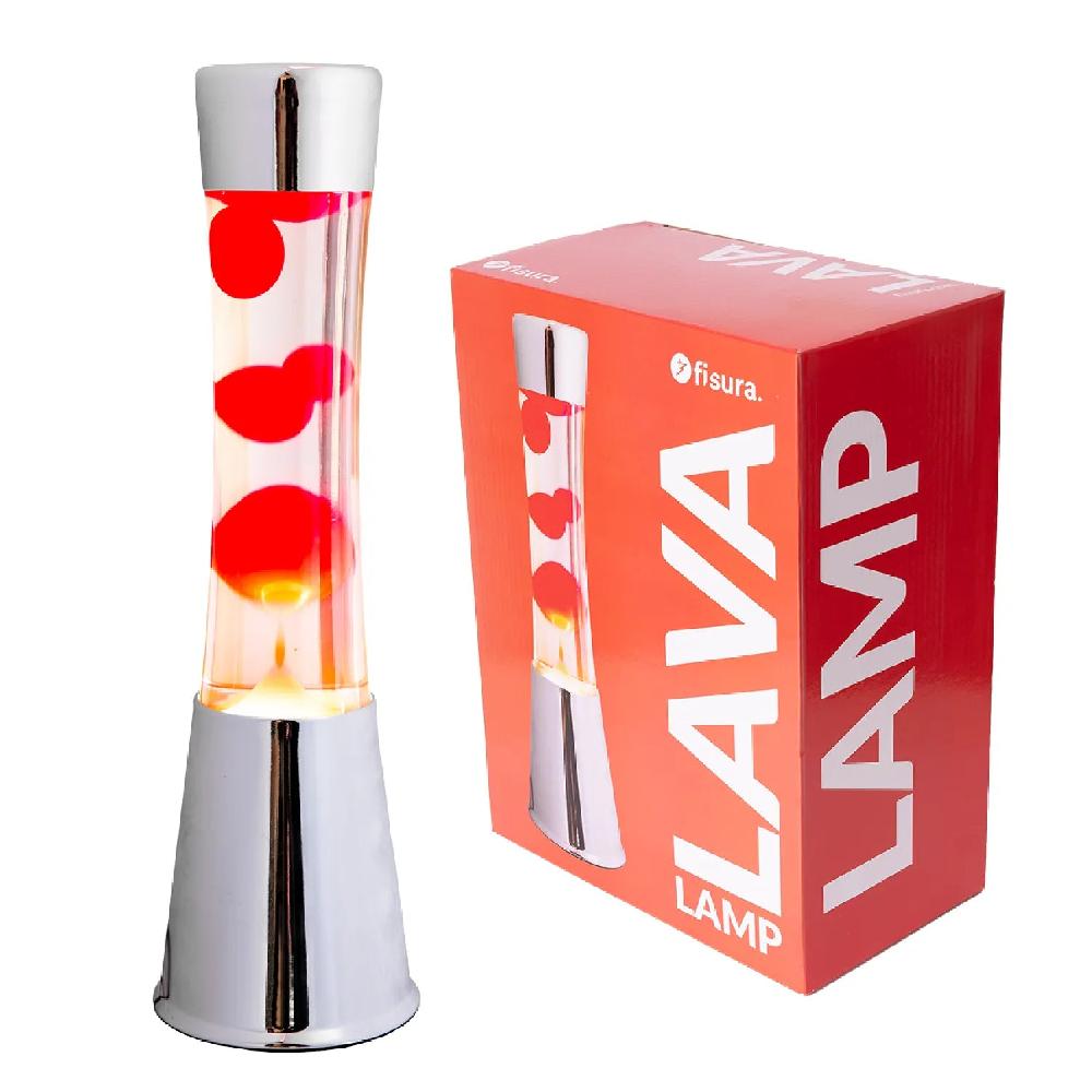 Fisura Lámpara de Lava con base cromo líquido transparente y lava roja