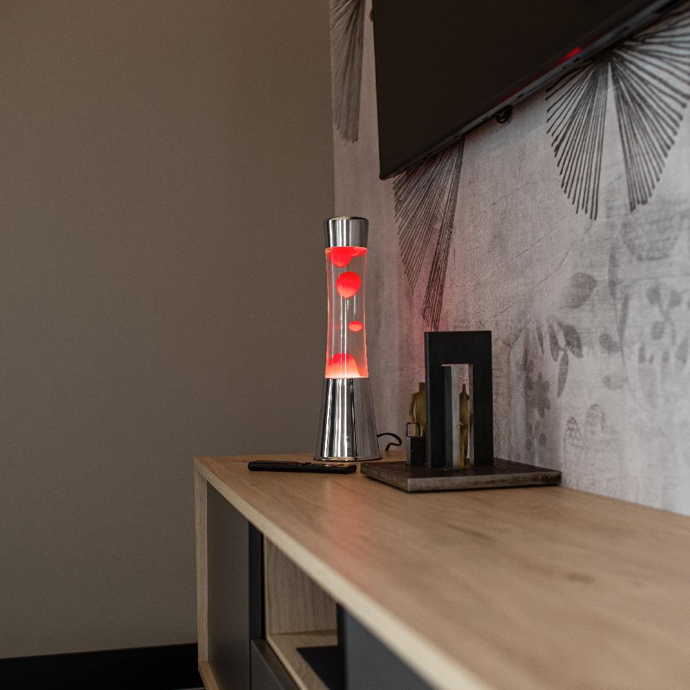 Fisura Lámpara De Lava Con Base Cromo Líquido Transparente Y Lava Roja