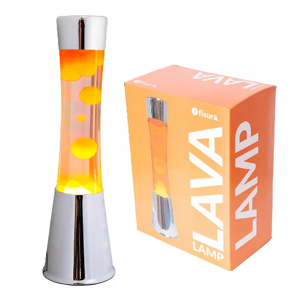Fisura Lámpara de Lava con base cromo líquido transparente y lava naranja
