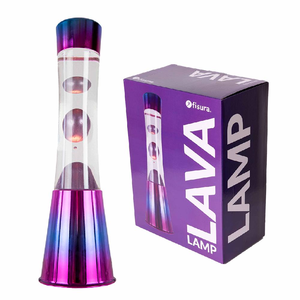 Fisura Lámpara de Lava con base iridiscente líquido transparente y lava metálica morada
