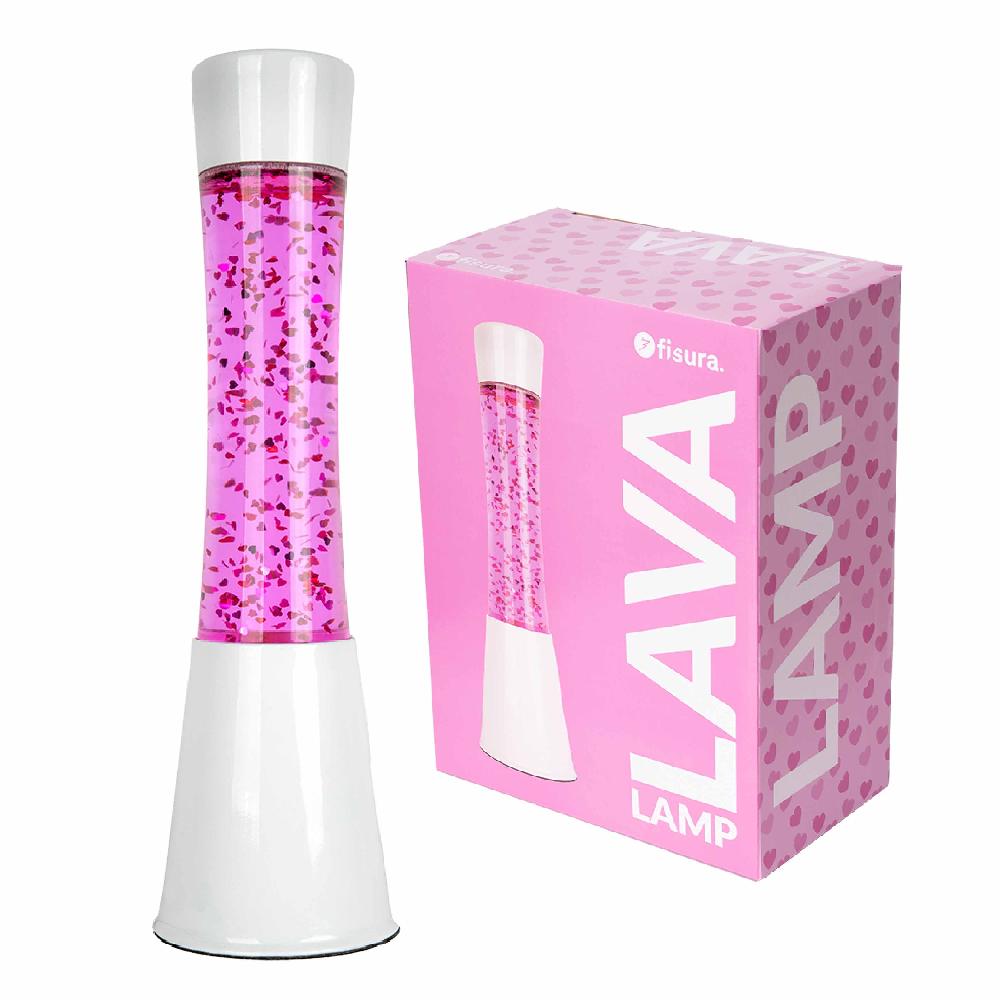 Fisura Lámpara de lava con purpurina de corazones con base blanca y líquido rosa