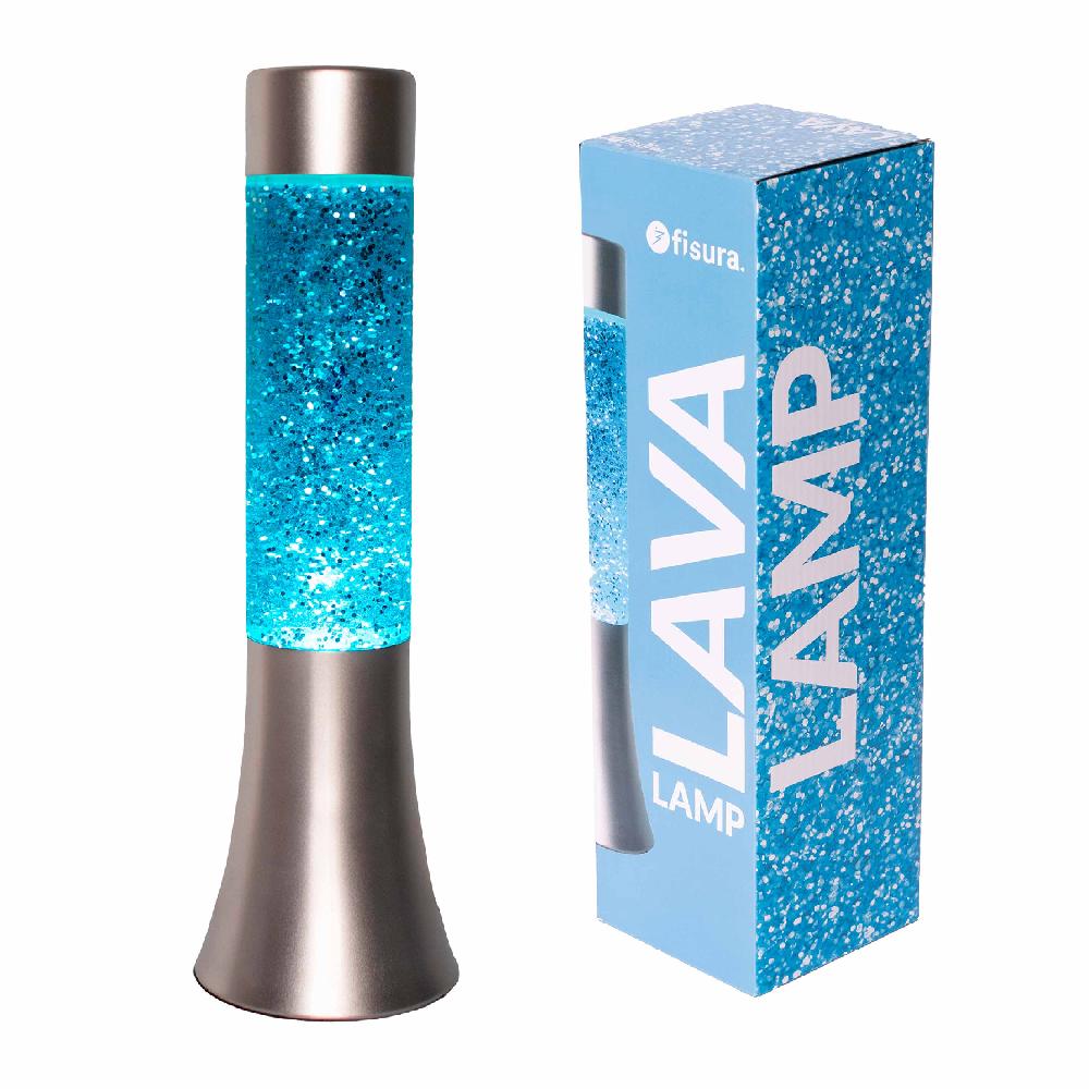 Fisura Lámpara de lava glitter de 30 cm con base plateada y líquido azul