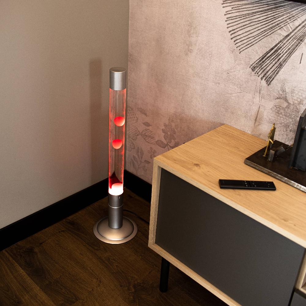 Fisura Lámpara De Lava Grande roja Con Base Plateada Y Líquido Transparente