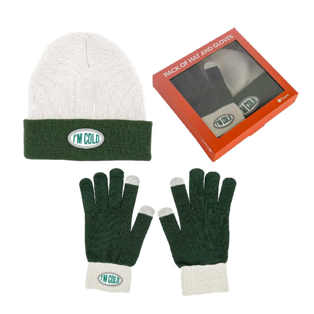 Fisura Pack de gorro y guantes “I’m cold” verde y gris