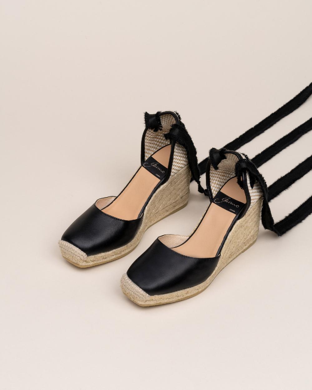 Gaimo Espadrilles Gemi NegroAlpargata De Cuña En Piel Super Soft Y Cintas Deshilachadas