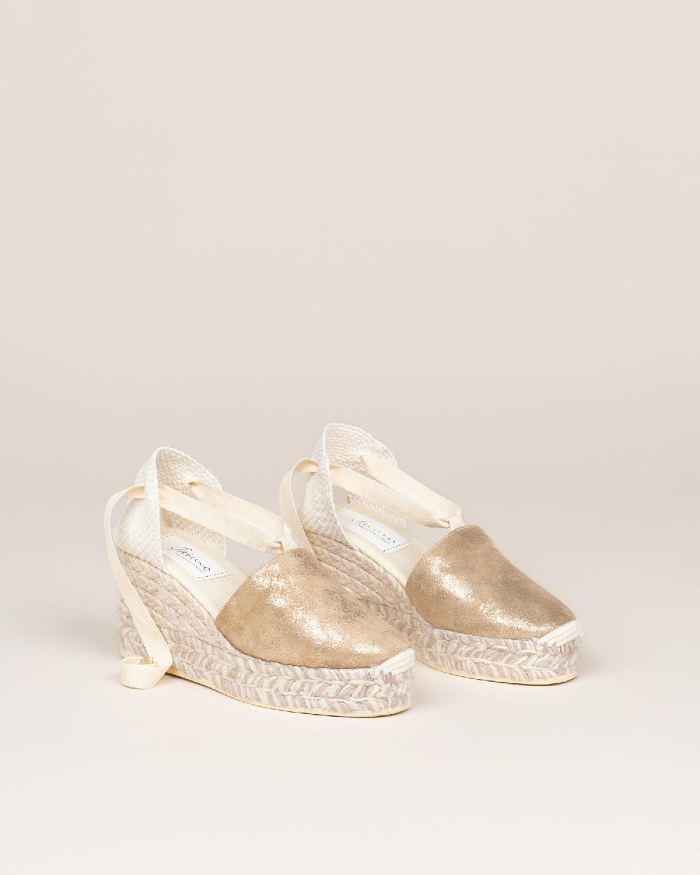 Gaimo Espadrilles Valenciana EcruAlpargata De Novia Con Cuña En Piel Metalizada Con Cintas