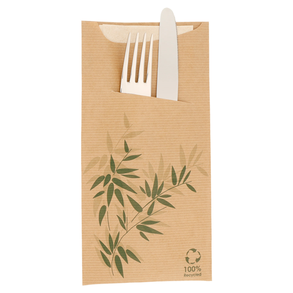 Garcia De Pou BOLSAS CUBIERTOS + SERVILLETA 'JUST IN TIME - FEEL GREEN' 80 + 10PE G/M2 11 2x22 5 CM NATURAL KRAFT VERJURADO (400 UNID.)