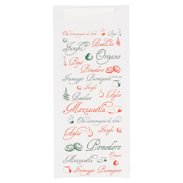 Garcia de pou BOLSAS CUBIERTOS + SERVILLETA 'JUST IN TIME - PIZZA' 90 + 10 PE G/M2 8 5x19 5 CM BLANCO AIRLAID (250 UNID.)