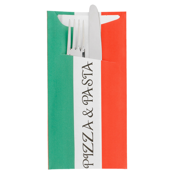 Garcia De Pou BOLSAS CUBIERTOS + SERVILLETA 'JUST IN TIME - PIZZA & PASTA' 90 + 10 PE G/M2 11 2x22 5 CM BLANCO CELULOSA (400 UNID.)
