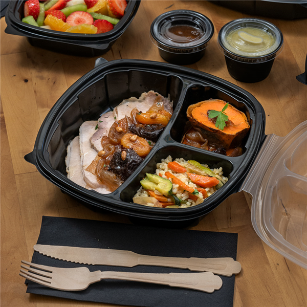 Garcia De Pou RECIPIENTES CON TAPA BISAGRA 3 COMPARTIMENTOS MICROONDABLES 1350 ML 24 9x25 8x7 2 CM NEGRO PP (100 UNID.)