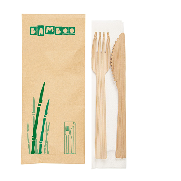 Garcia de pou SET 3/1 TENEDOR CUCHILLO SERVILLETA 17 CM NATURAL BAMBÚ (50 UNID.)