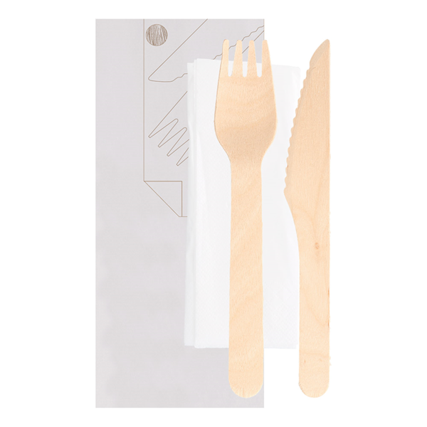 Garcia De Pou SET 3/1 TENEDOR CUCHILLO SERVILLETA 'MAKAN' 16 CM NATURAL MADERA (100 UNID.)