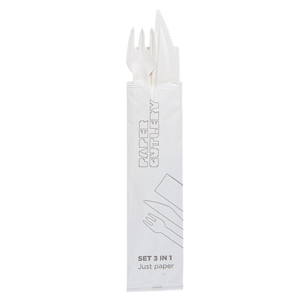 Garcia De Pou SET 3/1 TENEDOR CUCHILLO SERVILLETA 'PAPER CUTLERY' 15 8 CM BLANCO PAPEL (100 UNID.)