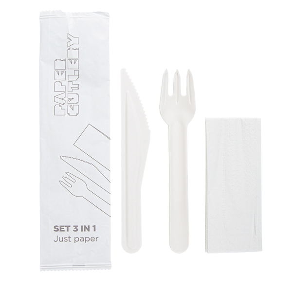 Garcia de pou SET 3/1 TENEDOR CUCHILLO SERVILLETA 'PAPER CUTLERY' 15 8 CM BLANCO PAPEL (100 UNID.)