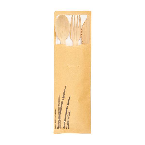 Garcia De Pou SET 4/1 TENEDOR CUCHILLO CUCHARA SERVILLETA 17 CM NATURAL BAMBÚ (50 UNID.)