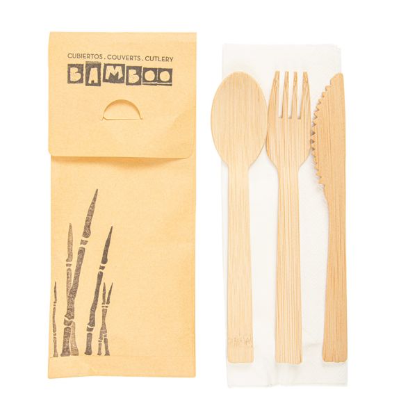 Garcia de pou SET 4/1 TENEDOR CUCHILLO CUCHARA SERVILLETA 17 CM NATURAL BAMBÚ (50 UNID.)