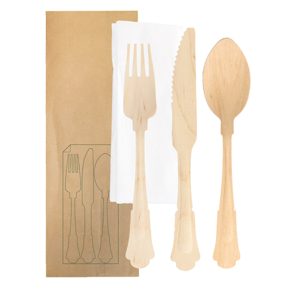Garcia de pou SET 4/1 TENEDOR CUCHILLO CUCHARA SERVILLETA 'CLASSIC' 20 CM NATURAL MADERA (100 UNID.)