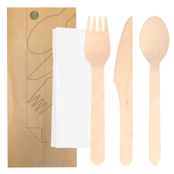 Garcia de pou SET 4/1 TENEDOR CUCHILLO CUCHARA SERVILLETA 'MAKAN' 16 CM NATURAL MADERA (100 UNID.)