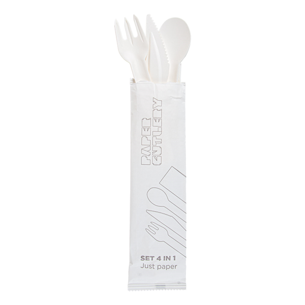 Garcia De Pou SET 4/1 TENEDOR CUCHILLO CUCHARA SERVILLETA 'PAPER CUTLERY' 15 8 CM BLANCO PAPEL (100 UNID.)