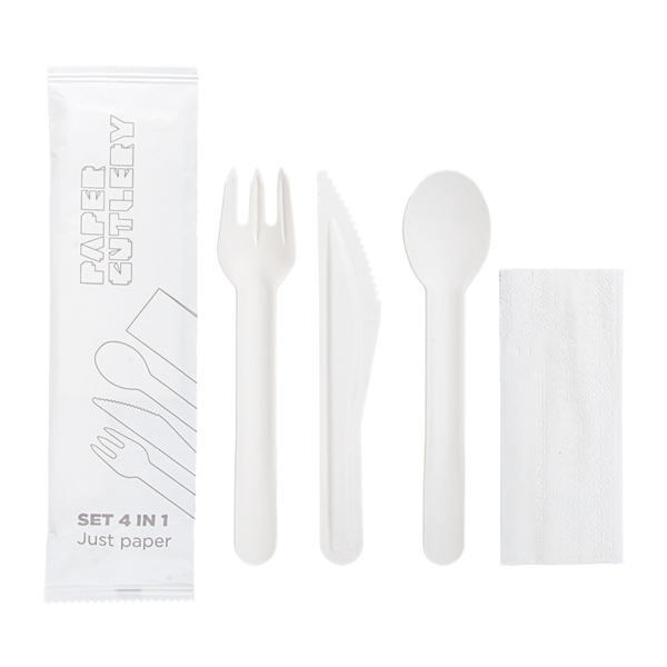 Garcia De Pou SET 4/1 TENEDOR CUCHILLO CUCHARA SERVILLETA 'PAPER CUTLERY' 15 8 CM BLANCO PAPEL (100 UNID.)