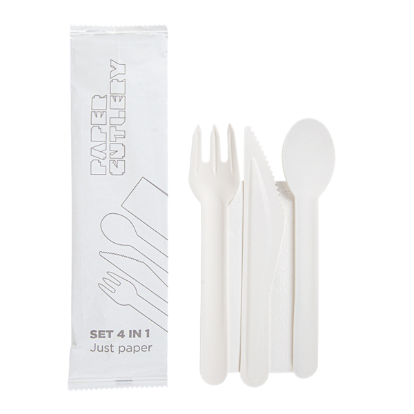 Garcia de pou SET 4/1 TENEDOR CUCHILLO CUCHARA SERVILLETA 'PAPER CUTLERY' 15 8 CM BLANCO PAPEL (100 UNID.)