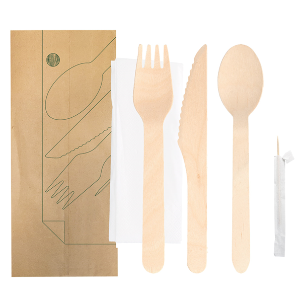 Garcia de pou SET 5/1 TENEDOR CUCHILLO CUCHARA SERVILLETA PALILLO ENFUNDADO 'MAKAN' 16 CM NATURAL MADERA (200 UNID.)