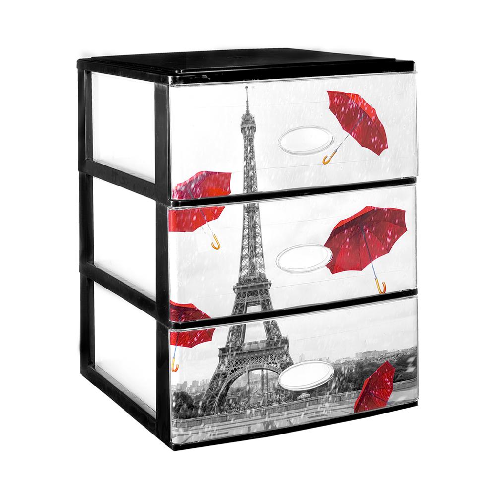 Great plastic L/3 Cajones Apilables Negro con Frontal Cristal Dec. Paris